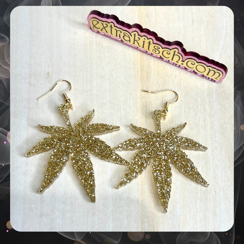 420 Leaf Earrings - Gold Glitter